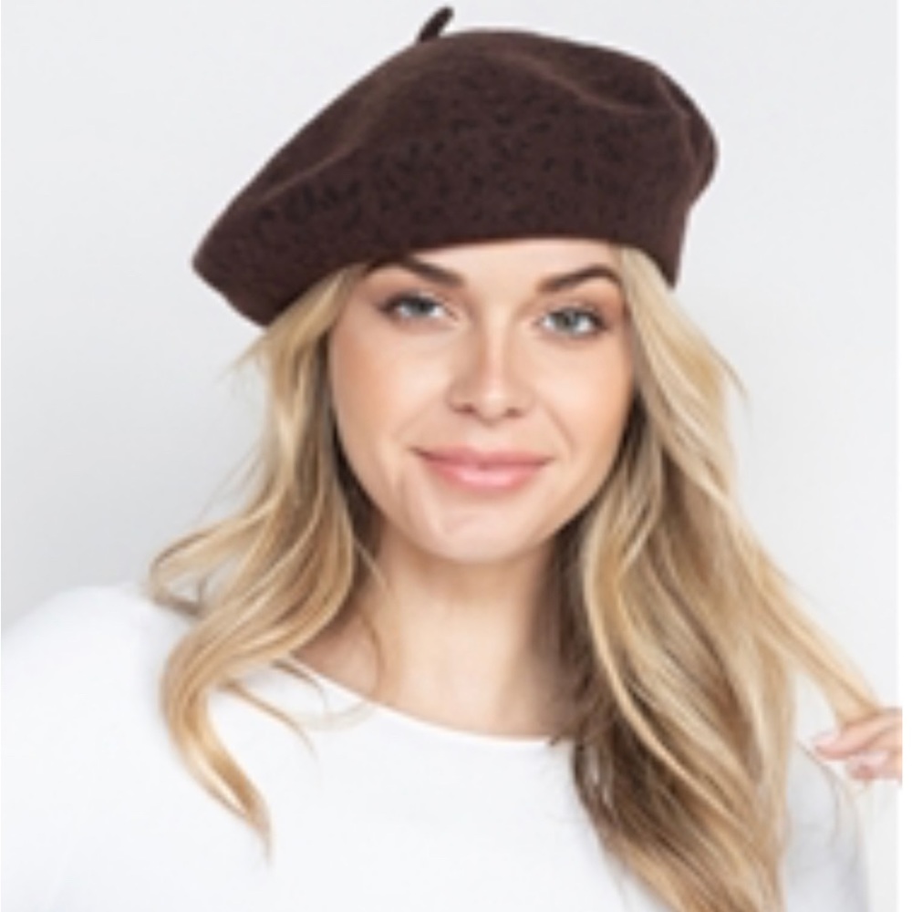 BERET LEOPARD PRINT WOOL FASHION HAT - DARK BROWN 11 inch Wide